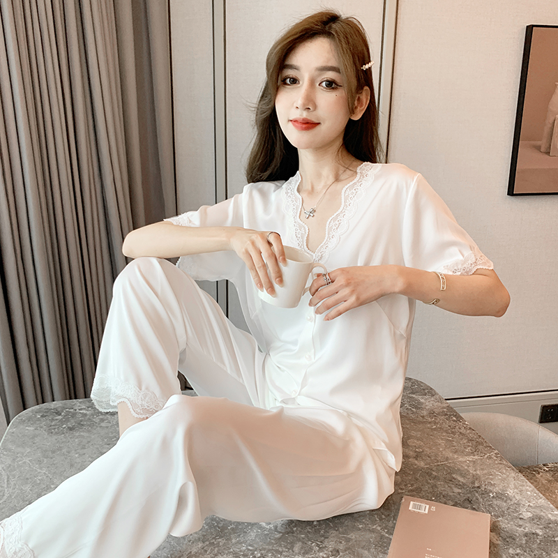 White Suit Superior Sleepwear Women's Summer Ice Silk Short Sleeve Long Pants True Silk Net Red Bursting 2022 Home clothes