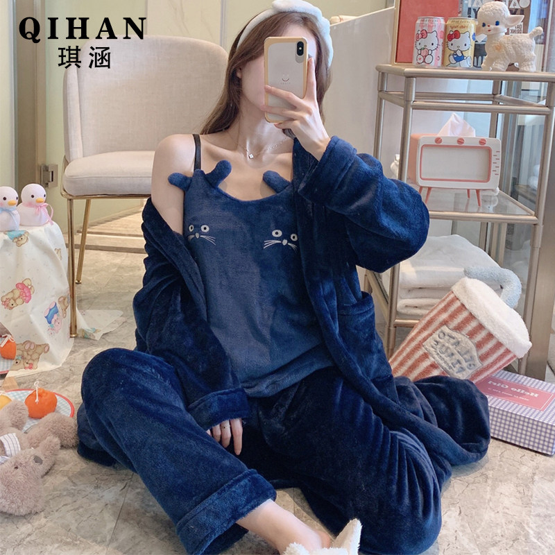Three-piece coral velvet pajamas women's autumn and winter thickened plus velvet nightgown 2021 new net red home wear flannel