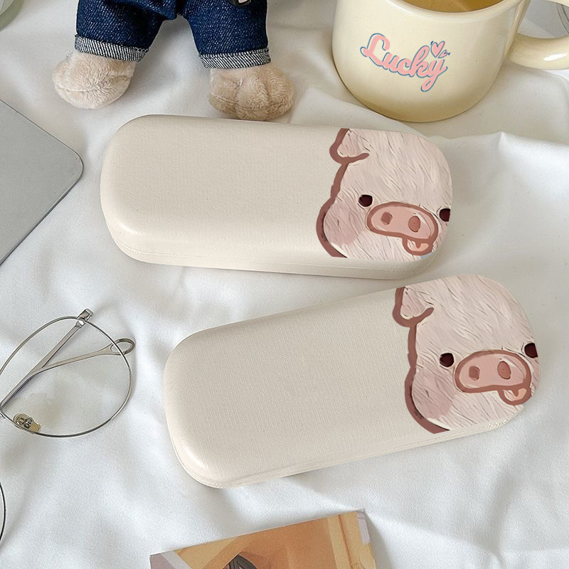 Oil Painting Piggy Eyeglass Case, High-End Black Eyeglass Storage Box, Portable Myopia Pu Leather Eyeglass Case, Sunglasses Case