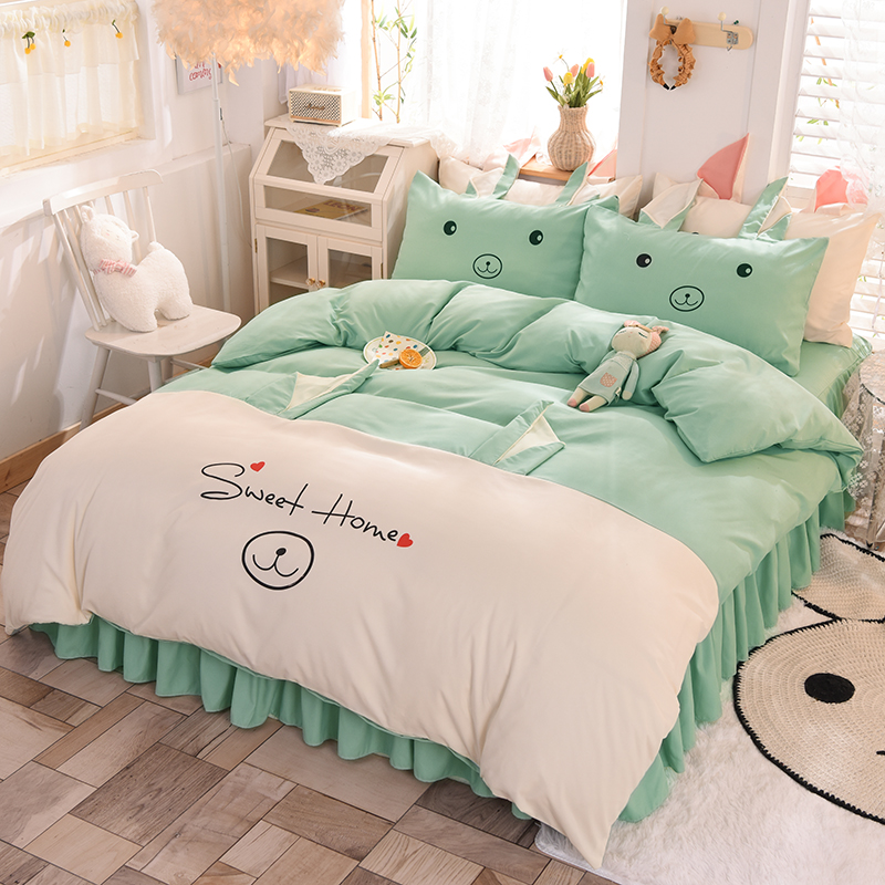 Autumn new net red cotton bed skirt cotton cartoon green four-piece set princess wind girl heart cover bedspread three pieces