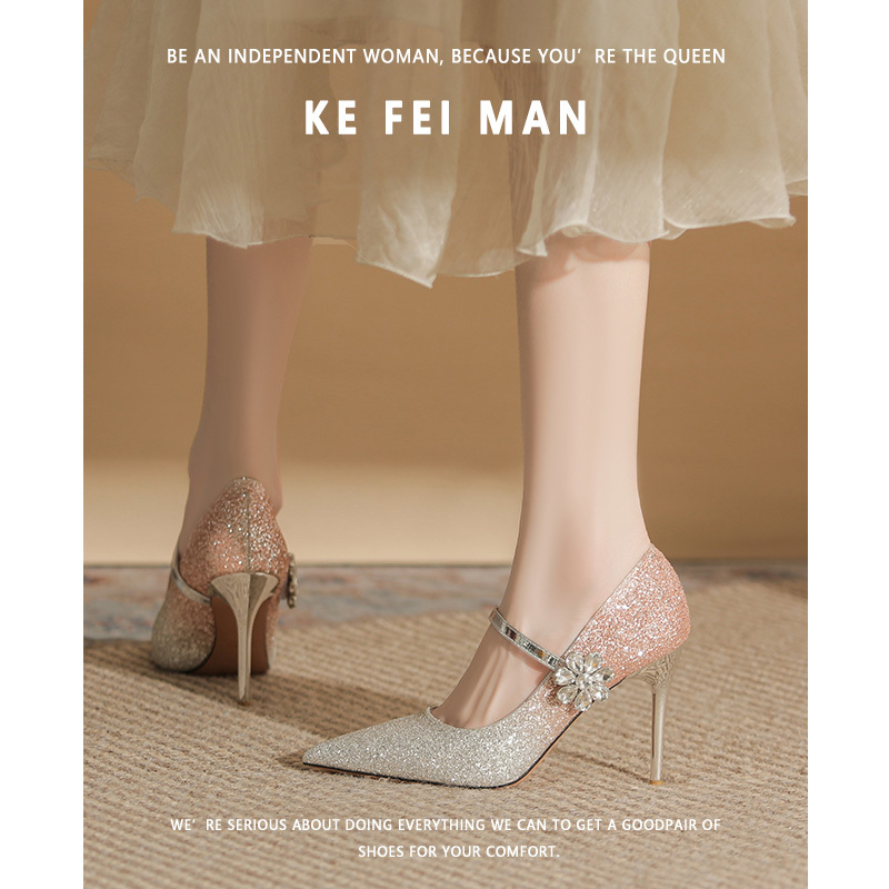 【Kefiman】Stunning Gradient Color Mary Jane High Heels for Women, Stiletto Heels with Sparkling Crystals, Bridal Wedding Shoes in Champagne Color 【Kefiman】Stunning Gradient Color Mary Jane High Heels for Women, Stiletto Heels with Sparkling Crystals, Bridal Wedding Shoes in Champagne Color