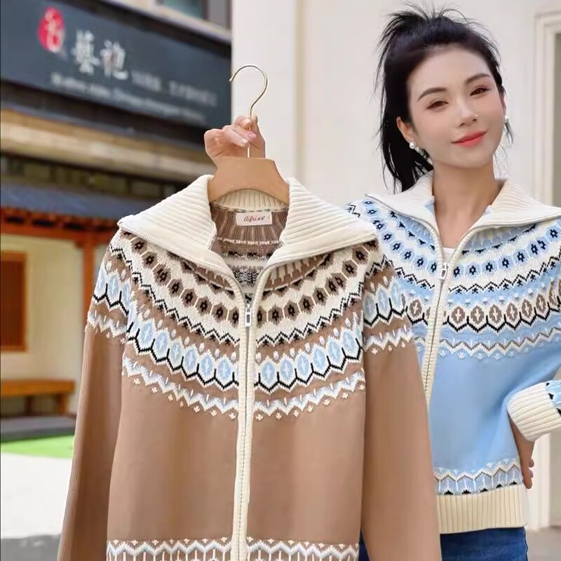 100% Cotton Fair Isle Colorful Large Lapel Double Zipper Knit Cardigan Women's Thick Sweater for Layering