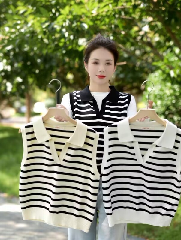 100% Pure Cotton Knit Sleeveless French Striped Polo Collar Vest Personalized Vest Jacket for Women