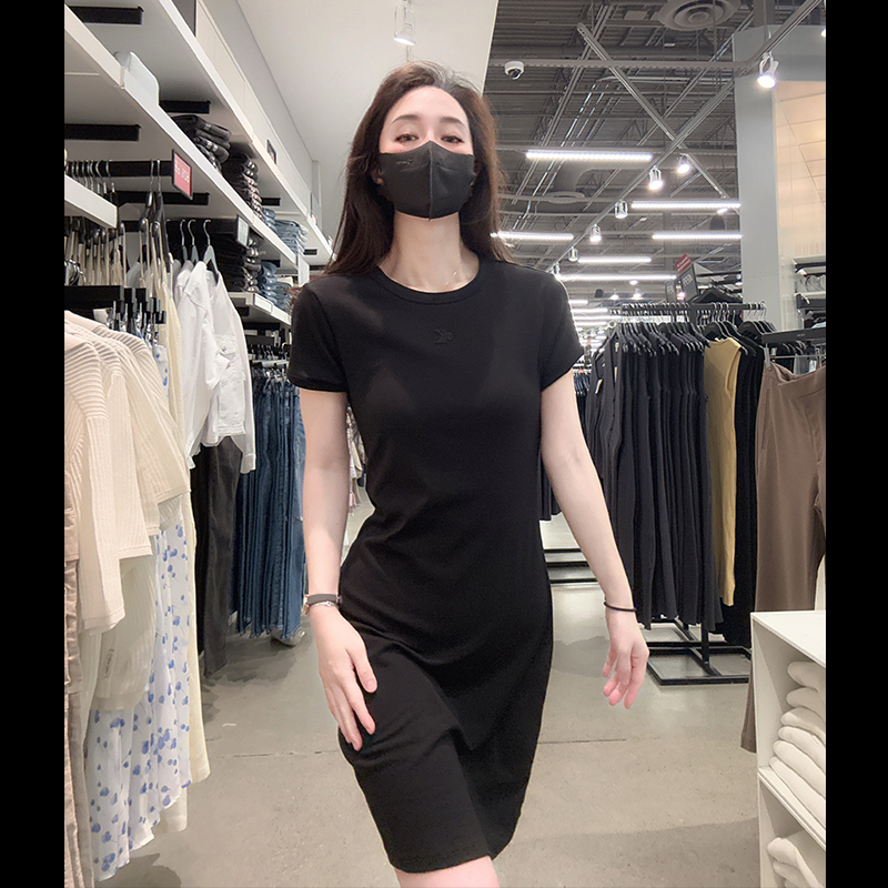 Ck Calvin Klein Women's Round Neck Short-Sleeved Dress T-Shirt Women's Skirt Pure Cotton Slim Fit Elastic Cw357