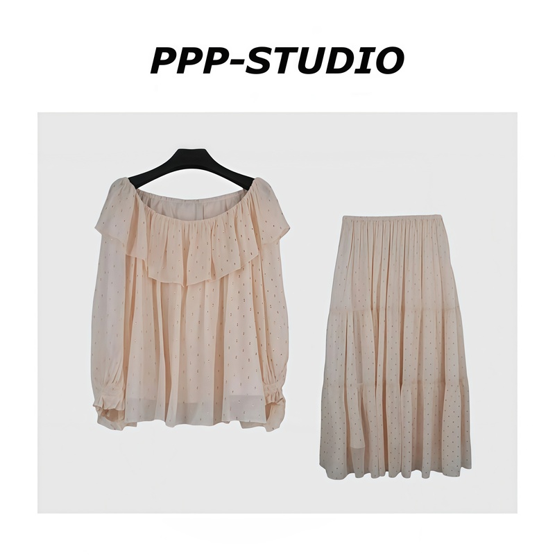 "Pp-Studio" New Fashionable and Versatile Ruffled Gold Foil Top + Mid-Length Skirt Set*20261133