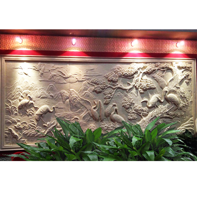 Sandstone Relief Background Wall TV Glass Fiber Imitation Bronze Pine Crane Picture Mural Figure Animal Scenery Sculpture Decoration Painting