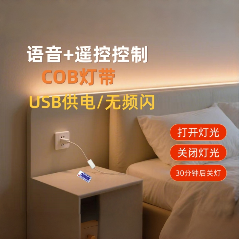 Voice-Controlled USB Low-Voltage Bedside Ambient Light with Remote Control, Decorative Self-Adhesive Cob Light Strip, Flicker-Free and No Light Spots