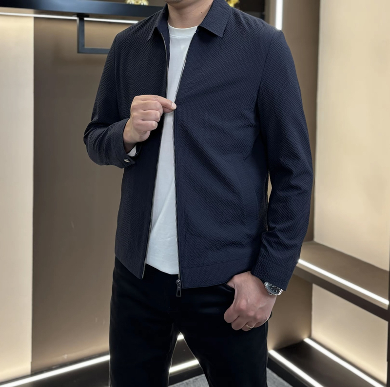 2026 Spring New Men's Business Executive Lapel Jacket Men's Versatile Zipper Jacket Dark Blue Simple Jacket