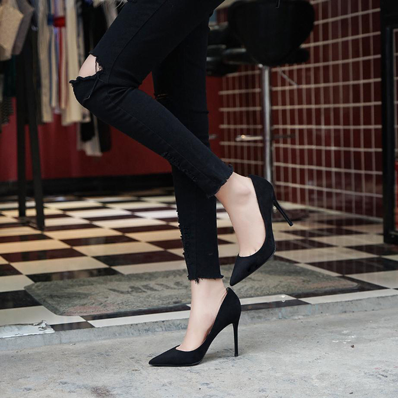 2021 spring new black professional high-heeled female thin-heeled flight attendant work Joker suede sexy pointed bag shoes