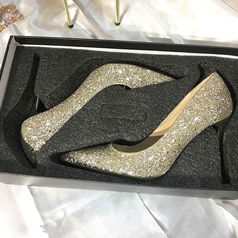 2021 new spring bridal wedding shoes women high heels net red champagne gold crystal pointed thin heel sequin single shoe