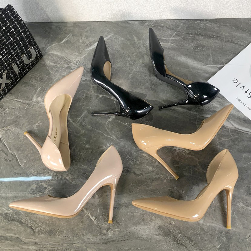 2021 Spring New 100 Hitch Side Empty Apricots Color pointed nude color High heels Shoes Woman Shallow and Sexy Painted Leather Single Shoes