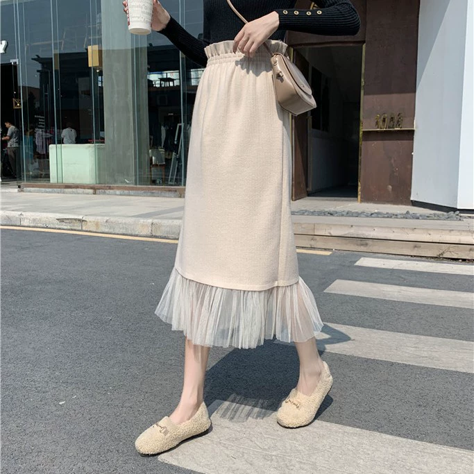 Chồi hoa váy eo cao phụ nữ mùa thu và mùa đông 2019 mới dệt kim dài trung bình lưới váy một bước thẳng một đường - Váy