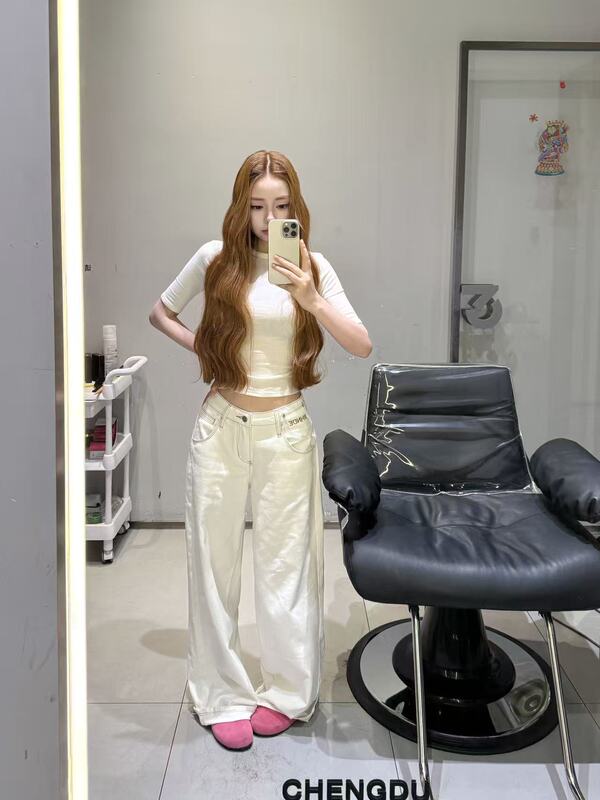 Sisi's Home【Lazy Korean Girl】Simple Slim-Fit Versatile White Short-Sleeve T-Shirt/White Mid-Low Waist Lazy Straight-Leg Pants Sisi's Home【Lazy Korean Girl】Simple Slim-Fit Versatile White Short-Sleeve T-Shirt/White Mid-Low Waist Lazy Straight-Leg Pants
