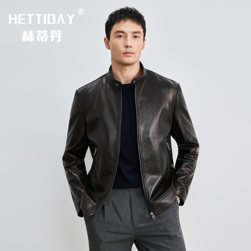 Imported Sheepskin High-End Genuine Leather Jacket for Men, Stand Collar, Slim Fit, Fashionable Biker Leather Jacket, Casual Thin Leather Coat