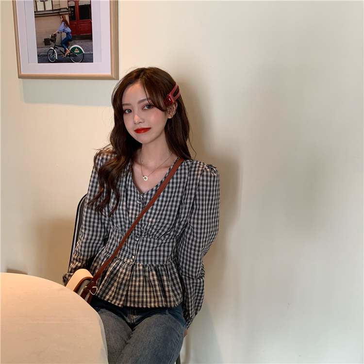 VK旗艦店 韓國風V領收腰顯瘦格紋襯衫長袖上衣