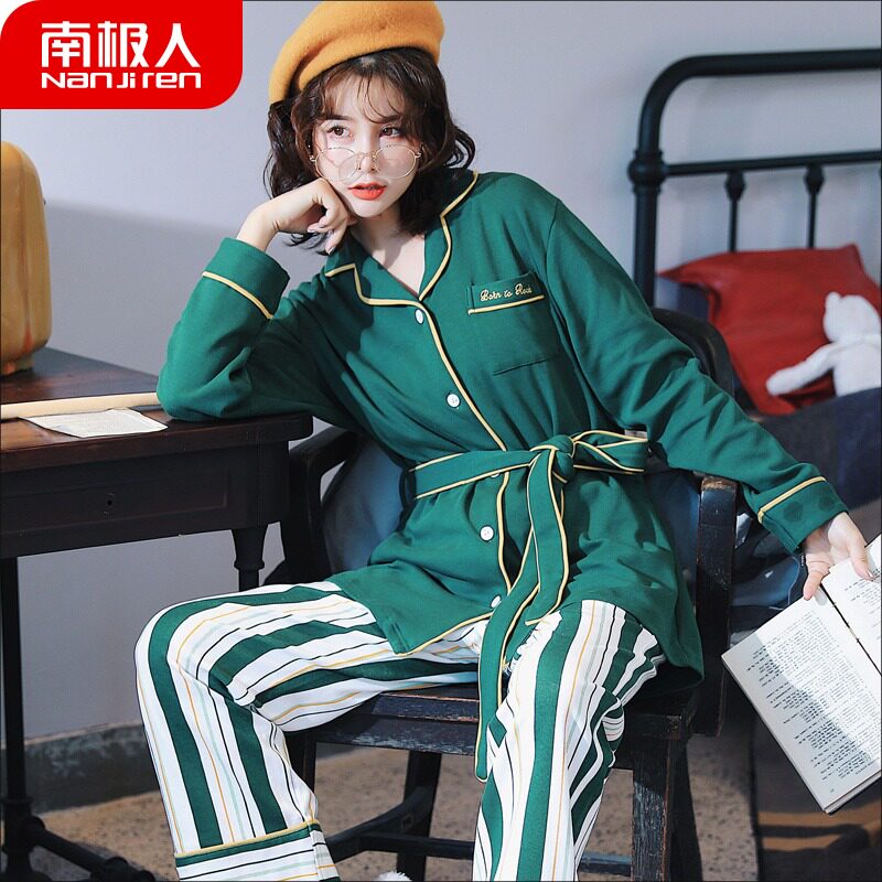 Antarctic People's Autumn Winter Sleeping Ins Day Department Sweet and Lovely Lazy Wind Striped Spring Fall Long Sleeve Pure Cotton Day Style
