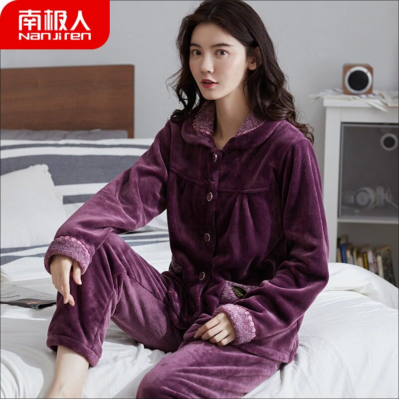 South Pole Middle-aged Aged Pyjamas Woman Autumn Winter Coral Suede Thickened Warm Flannel Mother's Home Home Clothing Spring Autumn