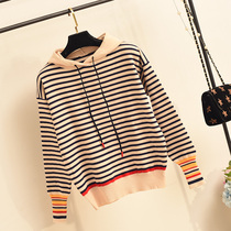 Early autumn 2021 New loose size hooded sweater sweater sweater striped sweater long sleeve pullover bottoming top