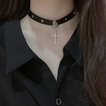  Dark punk leather cross collar female neck belt net red clavicle chain choker European and American necklace cool ins