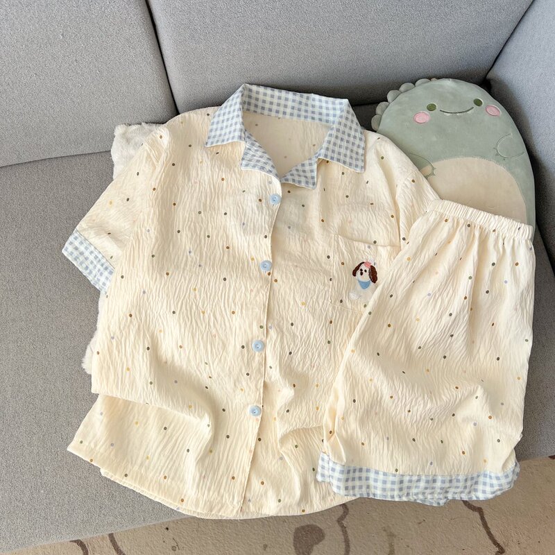 Cloud Cotton Homewear Women's 2026 New Summer Super Popular Cute Blue Checkered Puppy Simple Homewear Pajama Set