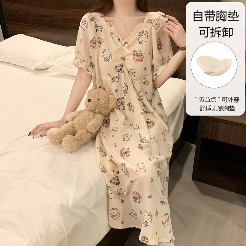 Women's Pajamas 2026 New Summer Student Cartoon Cute Hellokitty Cat Nightgown Anti-Bump Home Wear