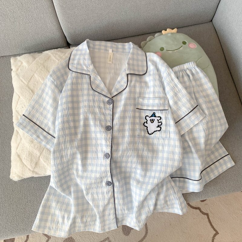 Cloud Cotton Homewear Women's 2026 New Summer Super Popular Cute Blue Checkered Puppy Simple Homewear Pajama Set