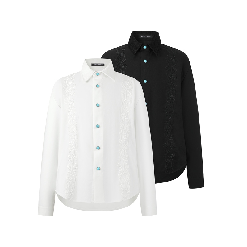 Nice Loose Turquoise Buttoned Three-Dimensional Embroidered Pattern Slightly Loose Fit Wrinkle-Resistant Elegant Old Money Long-Sleeve Shirt