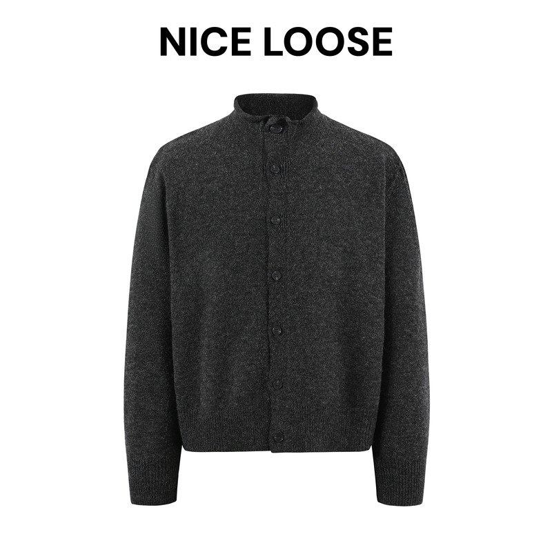 Nice Loose Wool Blend Rolled Edge Cardigan Half-High Collar Button Sweater Autumn and Winter Style Warm and Lazy Sweater