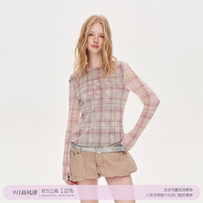 Or Norm "Pink Mist Forest" Plaid Floral See-Through Double-Layer Mesh Long-Sleeved Top Blouse Or Norm "Pink Mist Forest" Plaid Floral See-Through Double-Layer Mesh Long-Sleeved Top Blouse