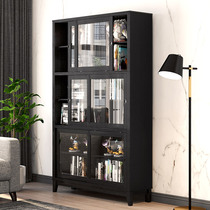 Black bookcase sliding door locker with glass door bookshelf floor-to-ceiling sliding door storage cabinet locker solid wood bookcase