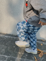 MINIV KIDS Baby Embroidered Blue and White Plaid Jeans Winter Kids Casual Long Pants