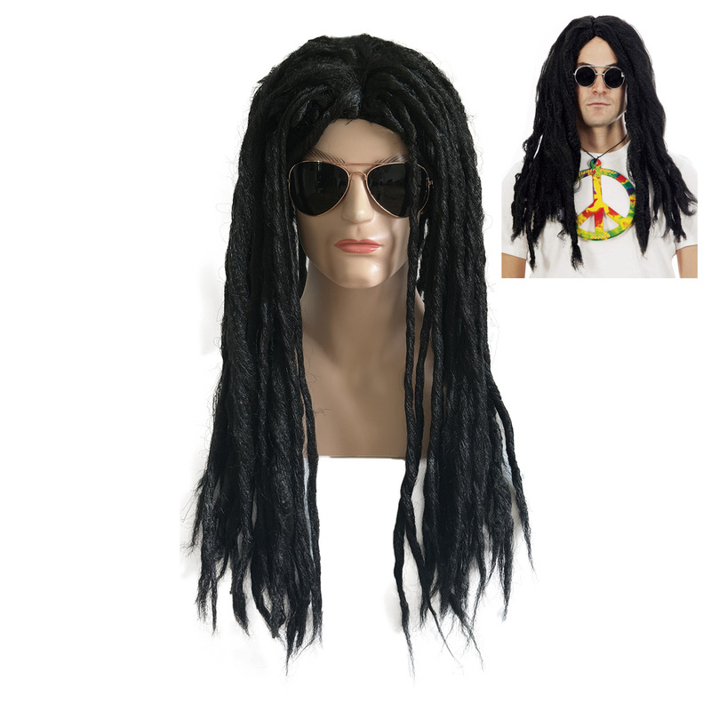 Halloween Wig for Men, Long Straight Hair, Black Headgear, Dreadlocks, African Indigenous Indian Fake Hair