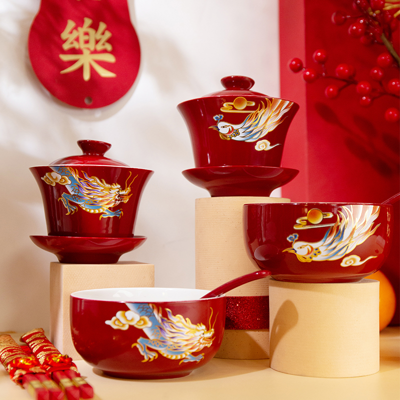 Happy Bowl Wedding to bowl Bowl Chopsticks Suit Red red Bowl pair accompanied by Toast Tea Cup Tea Tea Set Group National Tide