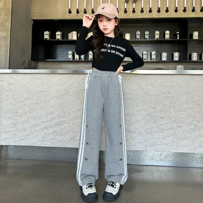 Black Pants for Girls 2026 Autumn and Winter New Style Casual Straight Pants for Girls, Loose Wide-Leg Pants for Older Children — 2