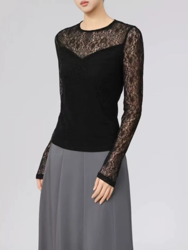 Amash 2025 Early Spring New Slim-Fit Lace Patchwork Hollow-Out Round-Neck Long-Sleeve Top 530002