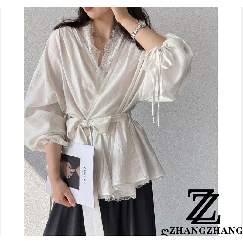 【Flowers in the Mist】Lake Green French Style Heavy Lace-Up Shirt for Women Spring V-Neck Lace Patchwork Blouse