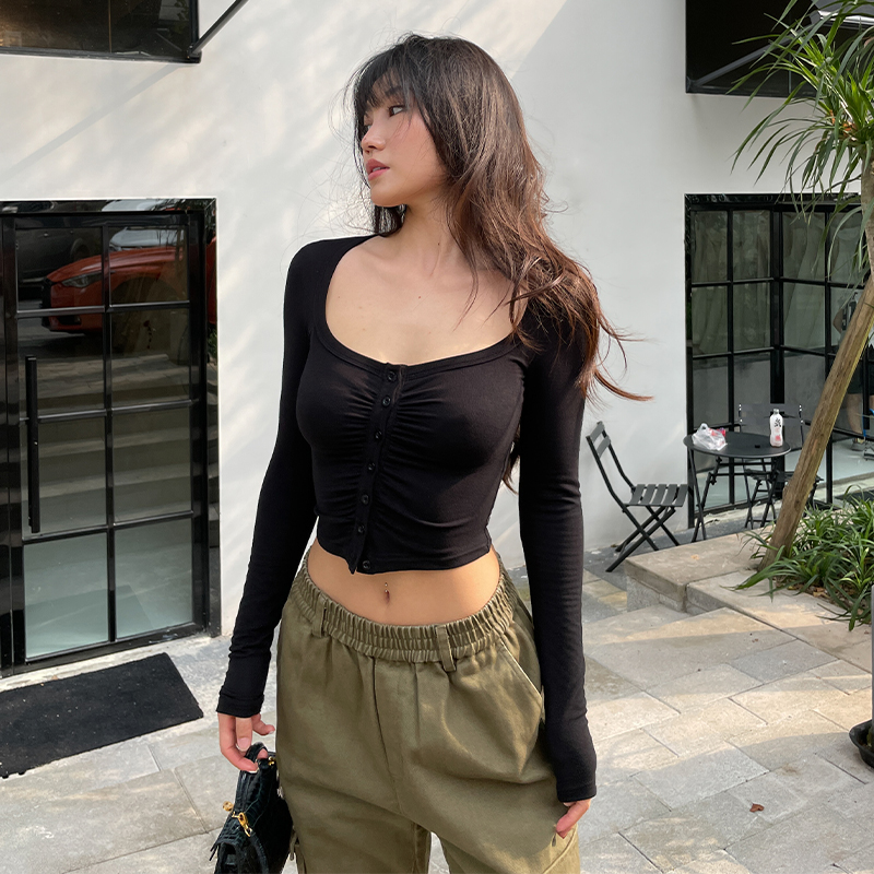 LEIYU long sleeve T-shirt woman 2021 autumn new high waist repair with slim dew navel Spicy Girl Short blouse