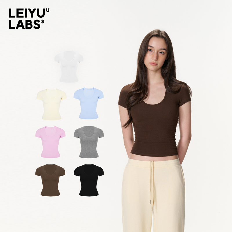 Leiyu Labs Hourglass-Shaped Tight-Fitting Short-Sleeved Right-Shoulder T-Shirt for Women Summer 2026 New Slim-Fit U-Neck Knitted Top