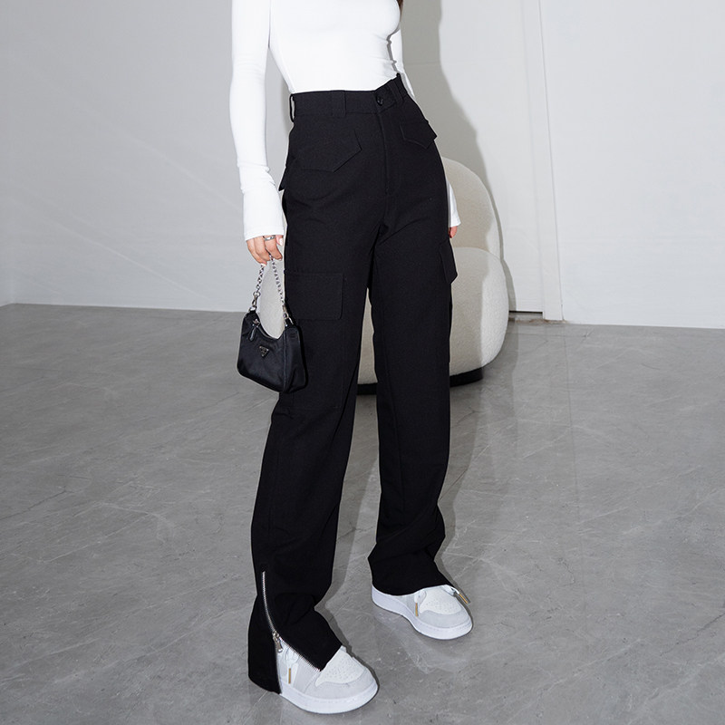 LEIYU straight tube fit pants woman 2022 spring new loose black American and American Ins hot girl high waist open fork broadlegged pants