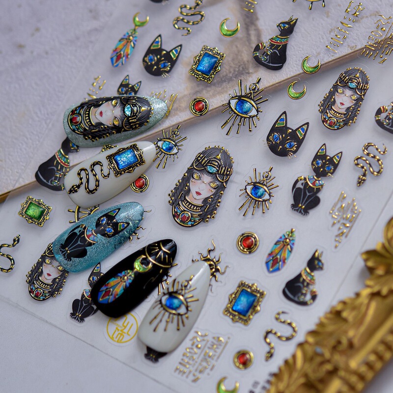 Hot Girl Cleopatra Nail Stickers Gold Foil Tomoni Blue Eyes Retro Egyptian Cat High-End Nail Decoration