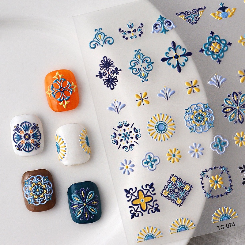 New 5D Bohemian Ethnic Style Nail Stickers Embossed Stereo Painted Printed Small Pattern Adhesive Nail Stickers