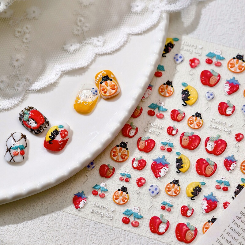 Childlike Red Apple Nail Art Stickers Embossed Jelly 3D Children's Black Cat Red Apple Cute Nail Stickers