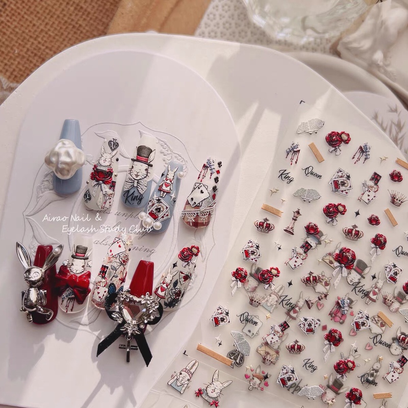 Alice in Wonderland Red Flower Poker Nail Art Stickers Embossed Japanese Style Adhesive 5D Internet Celebrity New Nail Stickers