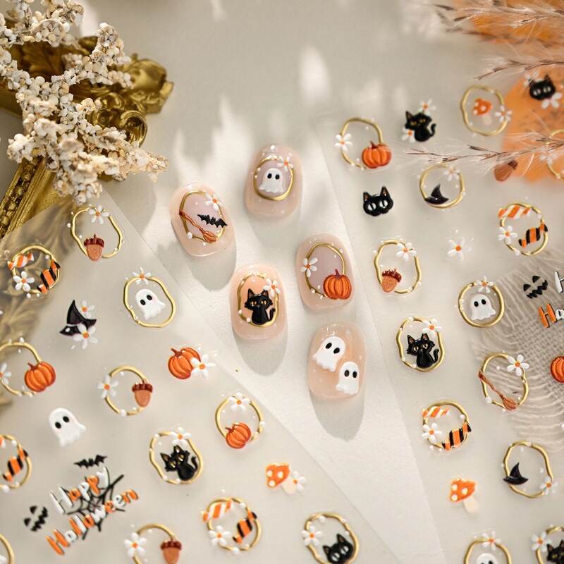 Black Cat Ghost Halloween Nail Stickers Halloween Small Gold Rings Cute Style Sweet Cool Style Halloween Adhesive Nail Stickers