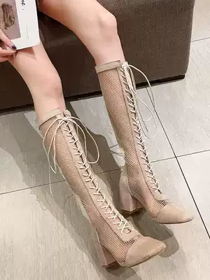 Boots Women's knees Spring summer boots khaki breathable hollow mesh red high heel mesh mesh gauze cool boots