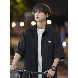 Short-sleeved shirt for men, black ice silk, thin, fashion brand, trendy casual shirt, men's loose Hong Kong style jacket, summer half-sleeve
