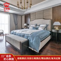 Post-modern light luxury solid wood bed Small apartment simple bedside table Model room soft bed 1 8 meters master bedroom wedding bed leather bed