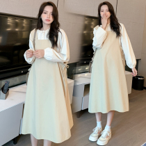 Pregnant womens autumn suit fashion strap skirt Korean loose cotton long sleeve shirt Spring and Autumn new dress