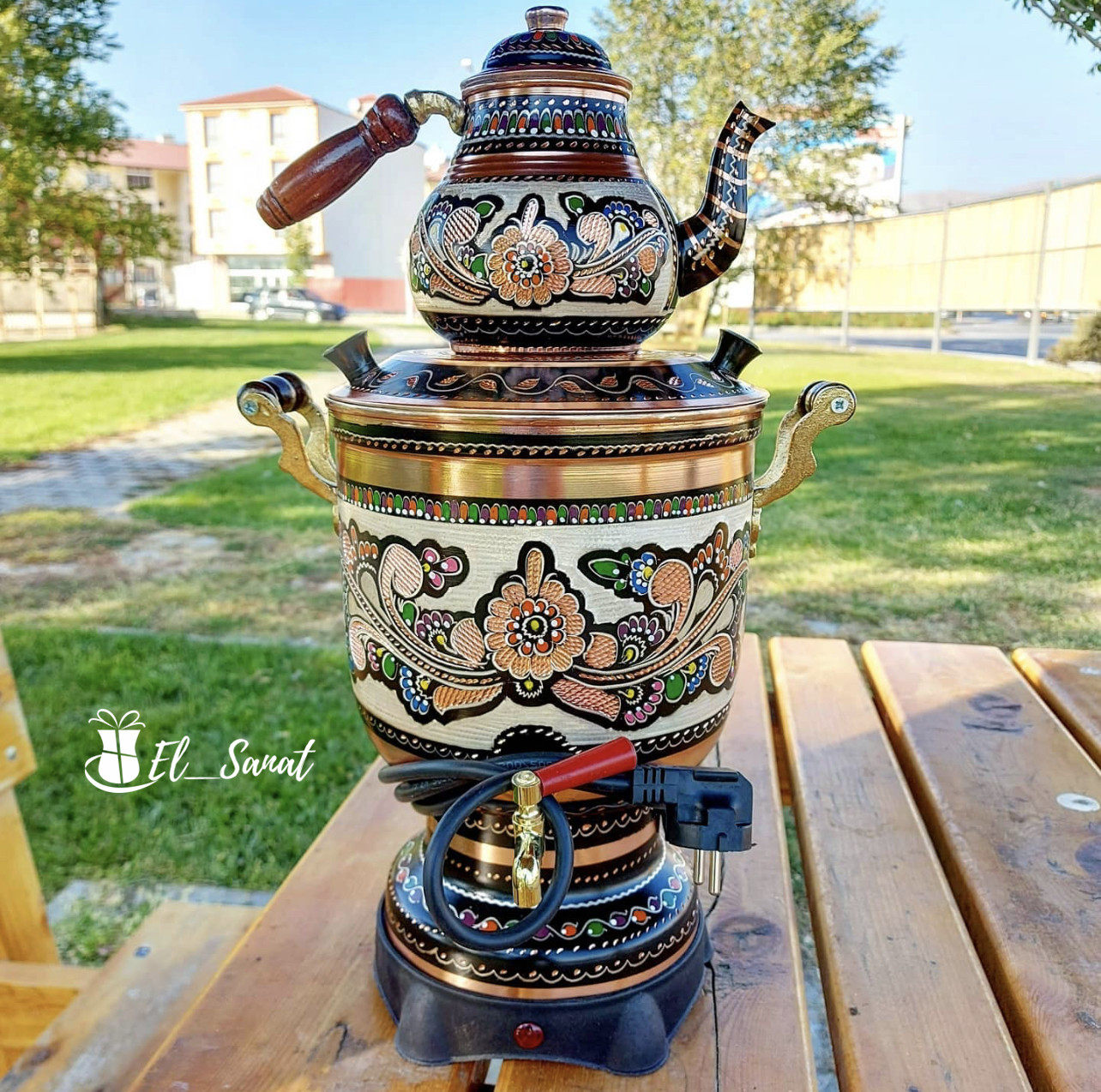 Turkey imports electric heating black tea primary-secondary pot handmade flower hand-painted red copper heating pot upper and lower layered kettle