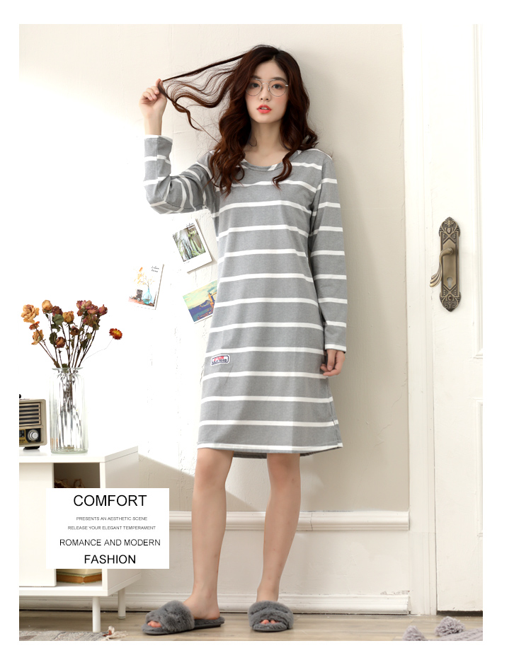 Váy ngủ nữ mùa thu cotton dài tay Hàn Quốc cộng với phân bón XL đồ ngủ sọc dài phần nhà dịch vụ mùa xuân có thể mặc bên ngoài đồ mặc nhà